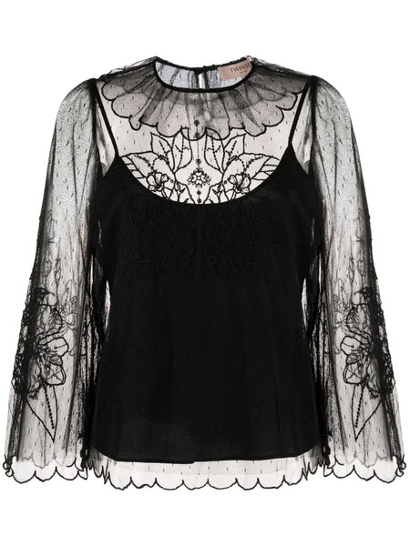  Twinset Layered Lace Long-sleeved Blouse - Black 
