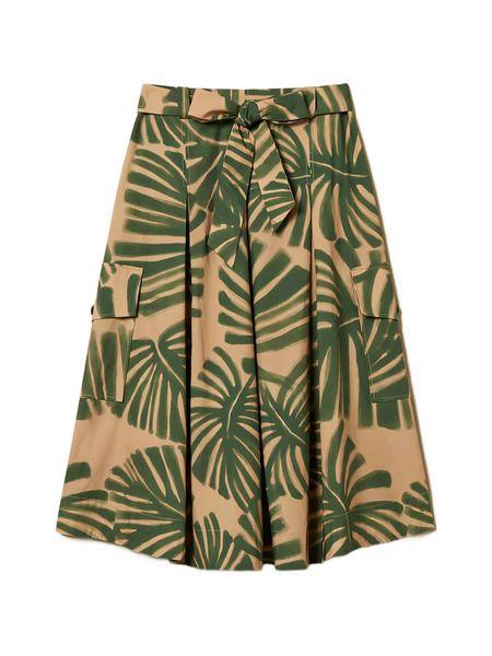  Twinset Leaf-print Belted Midi Skirt - Neutrals 