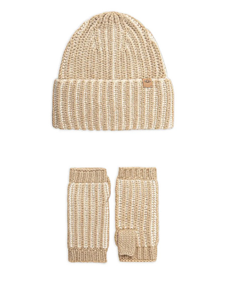  Ugg Ribbed Logo-patch Beanie Set - Neutrals 