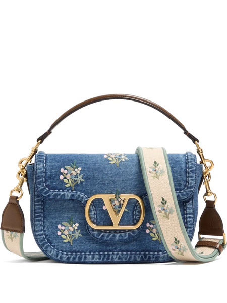  Valentino Garavani Alltime Medium Embroidered Denim Shoulder Bag With Embroidered Ribbon Strap - Blue 