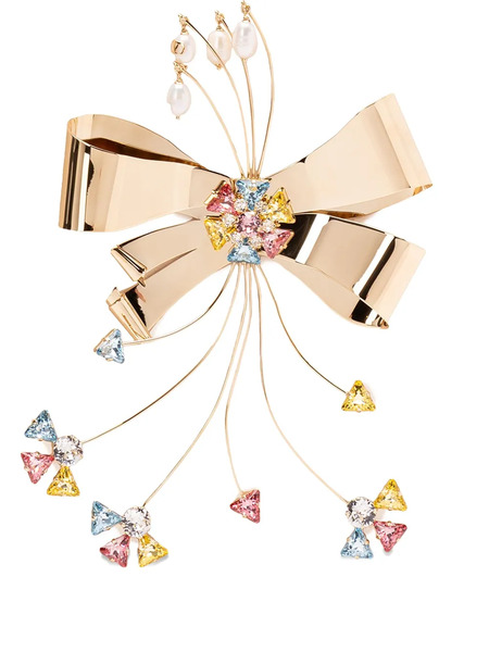  Valentino Garavani Bow-shaped Crystal Brooch - Gold 