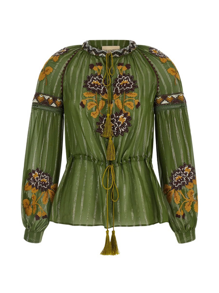  Valentino Garavani Embroidered Tassel Silk Blouse - Green 
