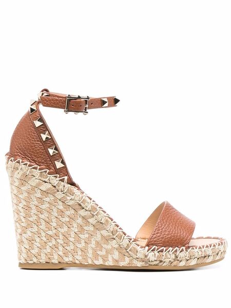  Valentino Garavani Espadrille Rockstud Wedge Sandals - Brown 
