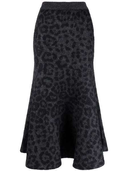  Valentino Garavani Leopard Pattern Flared Knitted Skirt - Grey 