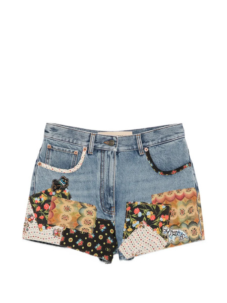  Valentino Garavani Patchwork Beaded-appliqué Denim Shorts - Blue 