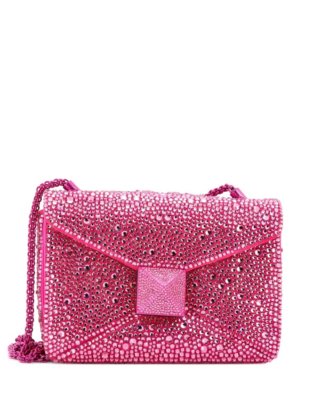  Valentino Garavani Pre-owned One Stud Chain Flap Bag Crystal Embellished Suede Small Shoulder Bag - Pink 