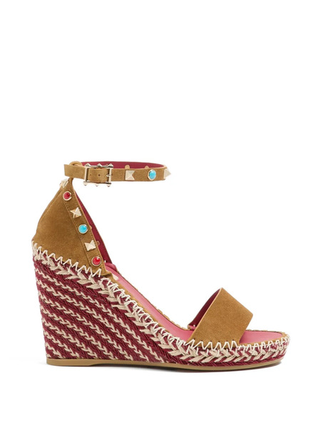  Valentino Garavani Rockstud Double Wedge Sandals In Split Leather With Cabochon Stones 105mm - Neutrals 