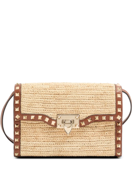  Valentino Garavani Small Rockstud Raffia Shoulder Bag - Neutrals 