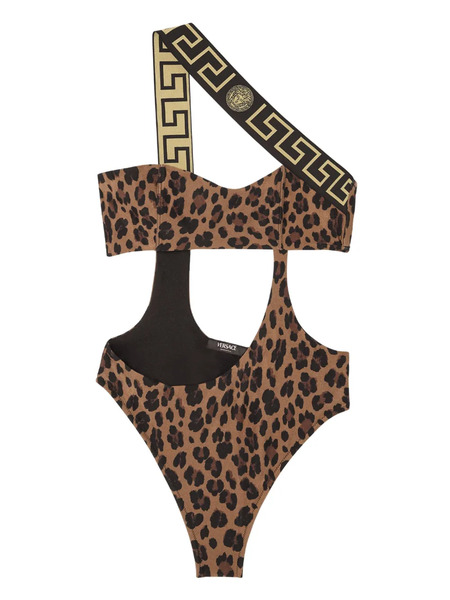  Versace Greca-trim Leopard Print Swimsuit - Brown 