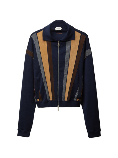  Versace Intarsia Wool & Leather Patchwork Zip Sweatshirt - Blue 