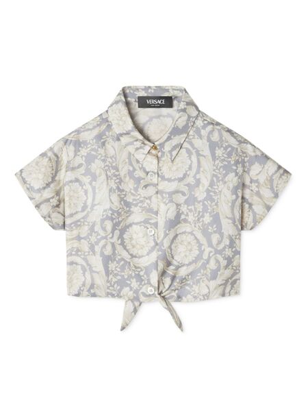  Versace Kids Barocco-print Silk Crop Shirt - Grey 
