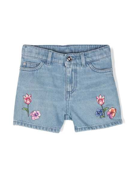 Versace Kids Floral-embroidered Denim Shorts - Blue 