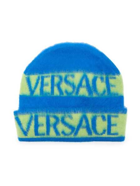  Versace Kids Intarsia Knit-logo Virgin Wool Beanie - Blue 