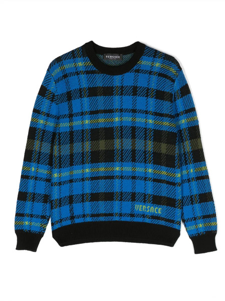  Versace Kids Logo-intarsia Checked Jumper - Blue 