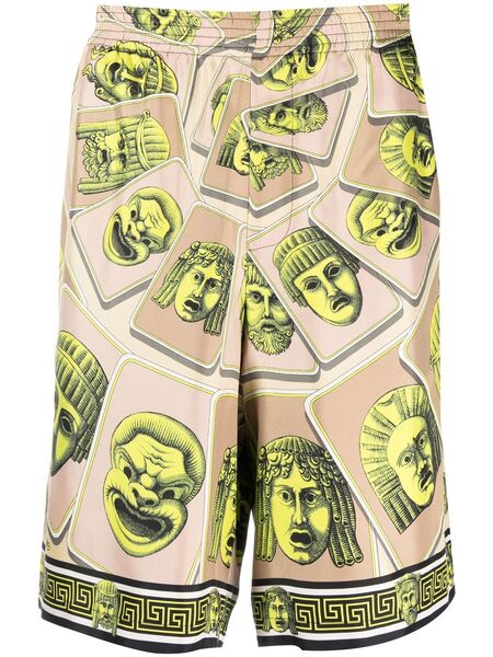 Versace Le Maschere Print Silk Shorts - Green 