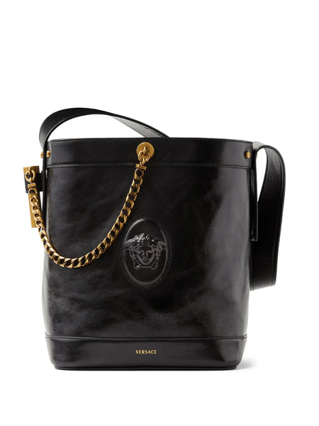  Versace Pivot Small Leather Bucket Bag - Black 