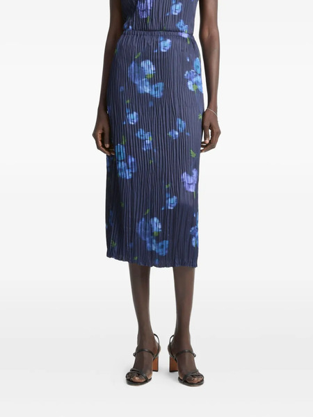  Vince Poppy Blur Pleated Floral Midi Skirt - Blue 