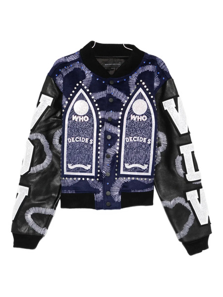  Who Decides War Appliqué Varsity Jacket - Blue 