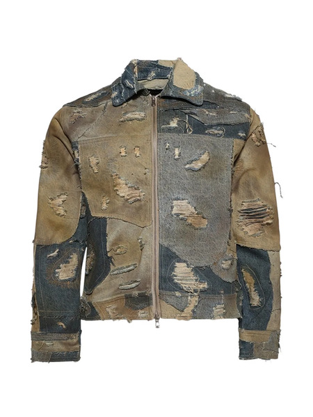  Who Decides War Patchwork Distressed Trucker Denim Jacket - Brown 