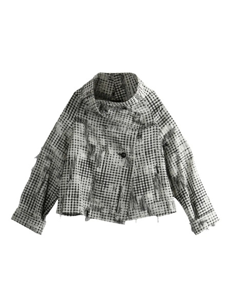  Y's Check-pattern Frayed-hem Jacket - White 