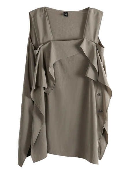  Y's Ruffled Square-neck Top - Grey 
