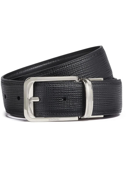  Zegna Leather Engraved Logo Belt - Black 