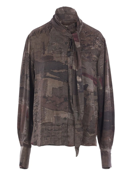  Ziggy Chen Patchwork-print Tie-neck Shirt - Brown 