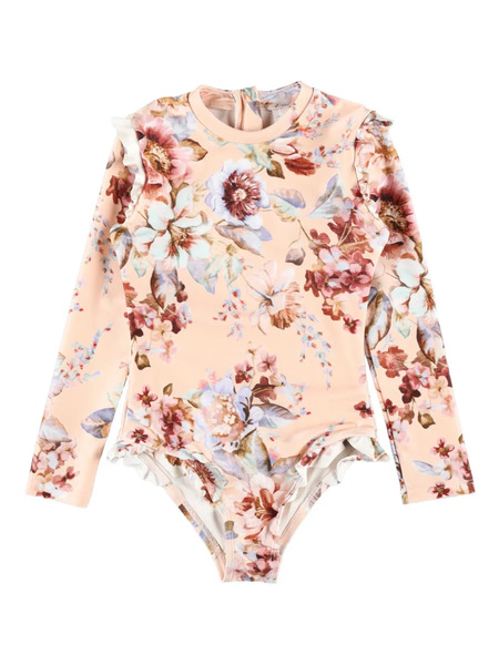  Zimmermann Kids Awaken Ruffled Floral Long-sleeves Swimsuit - Pink 