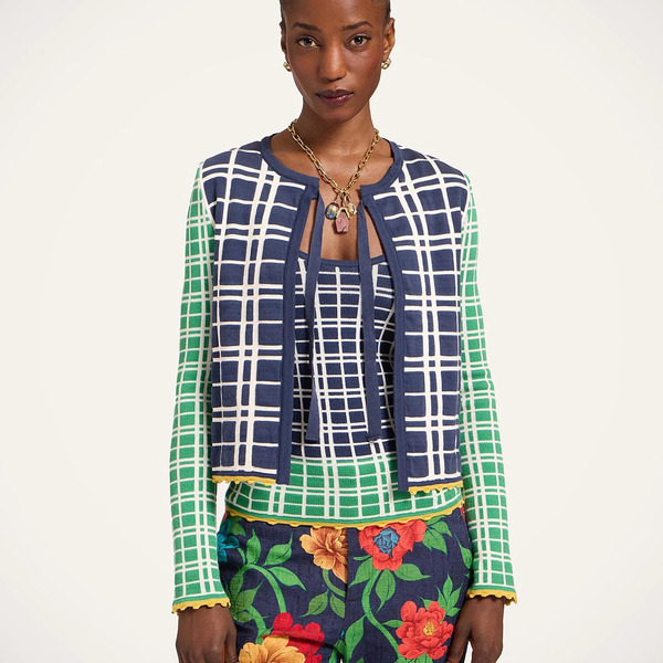  La Doublej Knitwear Women - Check Me Cardigan Multicolor Navy Blue & Green L 50% Cotton 35% Viscose 15% Polyester 