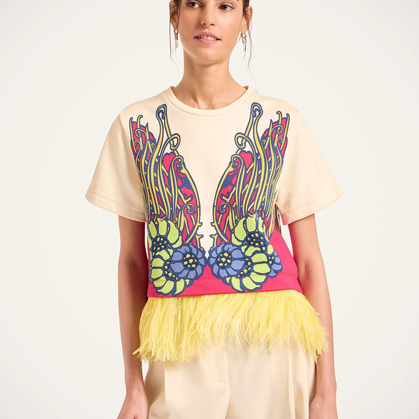 La Doublej T-shirts & Sweatshirts Women - La Scala Tee Lemuria Placée Pink L 98% Cotton 2% Ostrich Feathers 