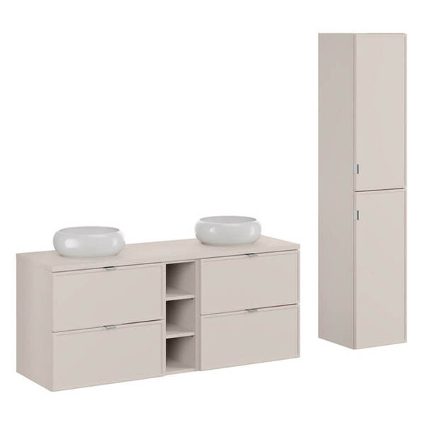  Comad Zestaw Meblowy 140cm Z Blatem, Dwoma Umywalkami Nablatowymi Wiki I Szafką Wysoką | Kolekcja Bella Cashmere | Kaszmirowy Mat 