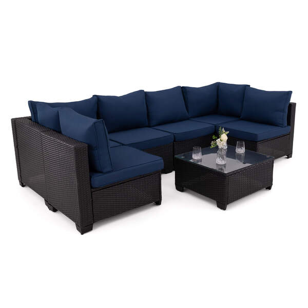  Meblemwm Zestaw Mebli Ogrodowych Z Technorattanu Alvani Hk | Czarny | Navy Blue Poduszki | Outlet 