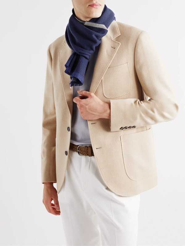  Brunello Cucinelli - Fringed Striped Wool And Cashmere-blend Scarf - Men - Blue 