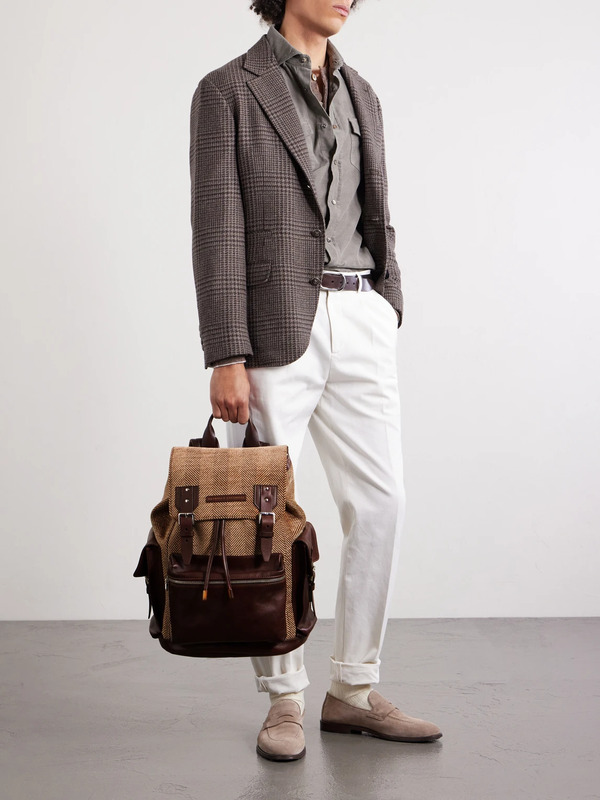  Brunello Cucinelli - Leather-trimmed Herringbone Canvas Backpack - Men - Brown 