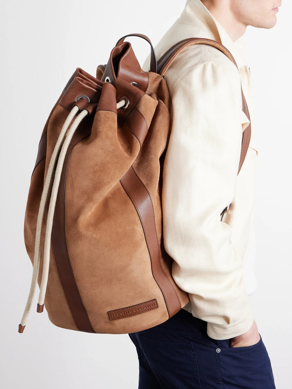  Brunello Cucinelli - Leather-trimmed Suede Backpack - Men - Brown 