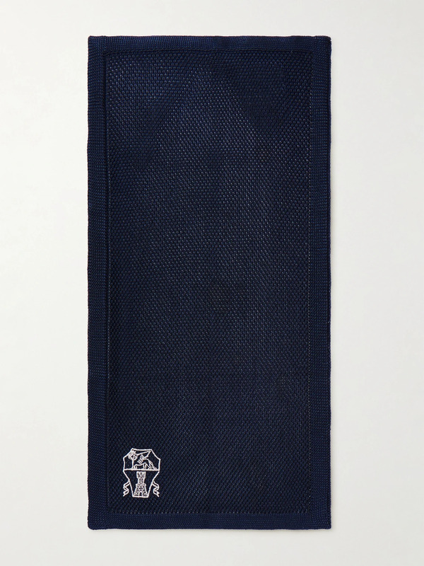  Brunello Cucinelli - Logo-embroidered Knitted Silk Pocket Square - Men - Blue 