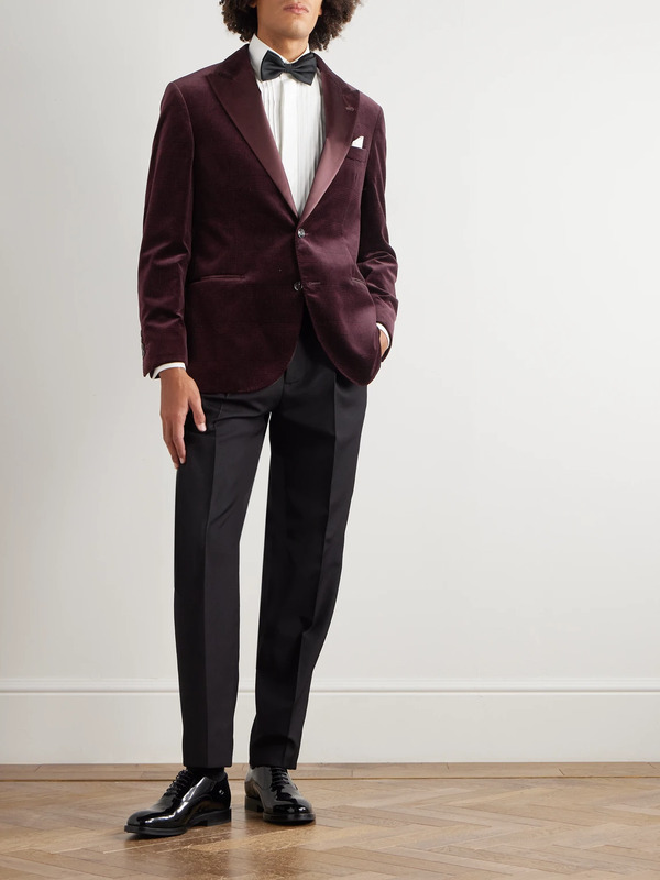  Brunello Cucinelli - Slim-fit Satin-trimmed Prince Of Wales Checked Cotton-velvet Tuxedo Jacket - Men - Burgundy - It 56 