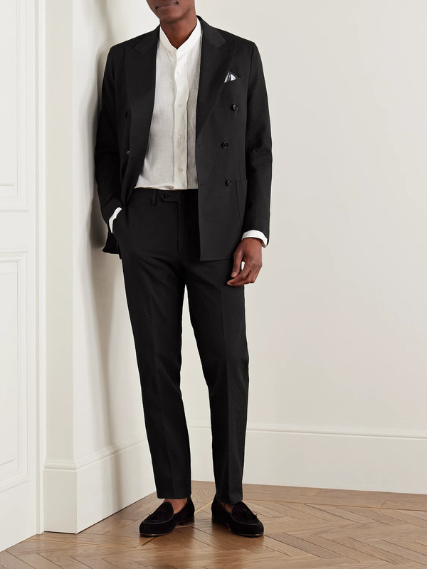  De Petrillo - Vesuvio Slim-fit Double-breasted Cotton-blend Seersucker Suit Jacket - Men - Black - It 46 