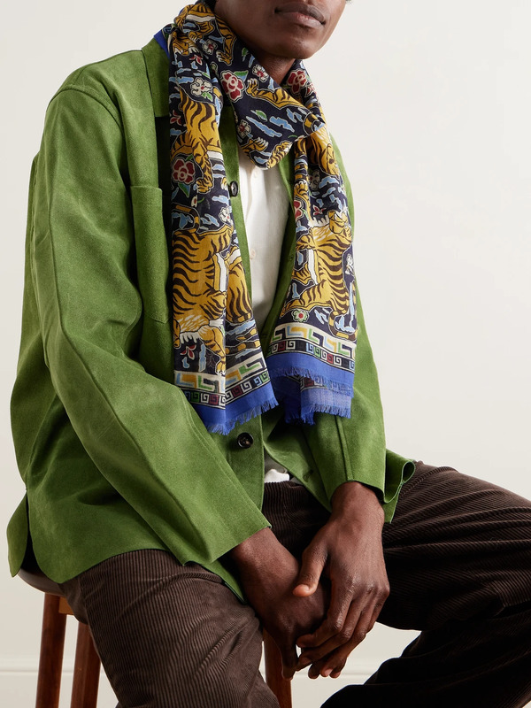  Drake's - Frayed Printed Wool And Silk-blend Scarf - Men - Blue 