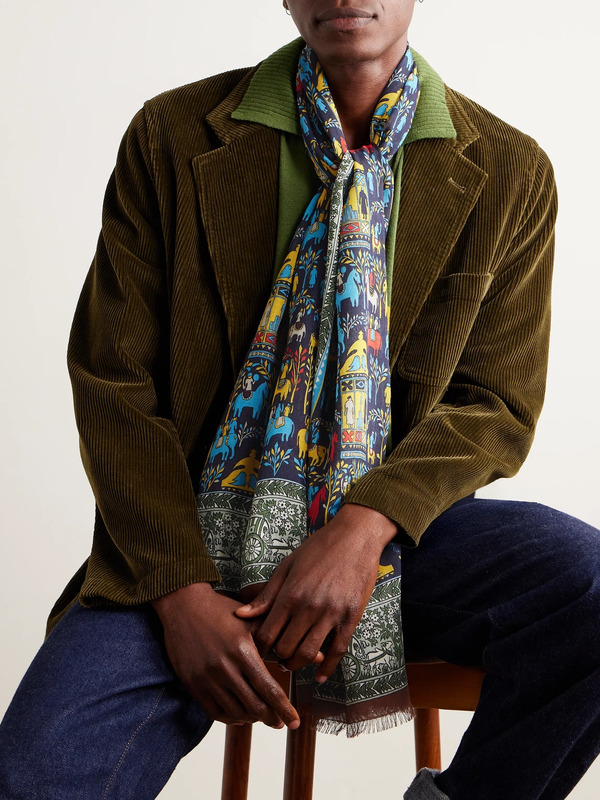  Drake's - Frayed Printed Wool And Silk-blend Scarf - Men - Blue 