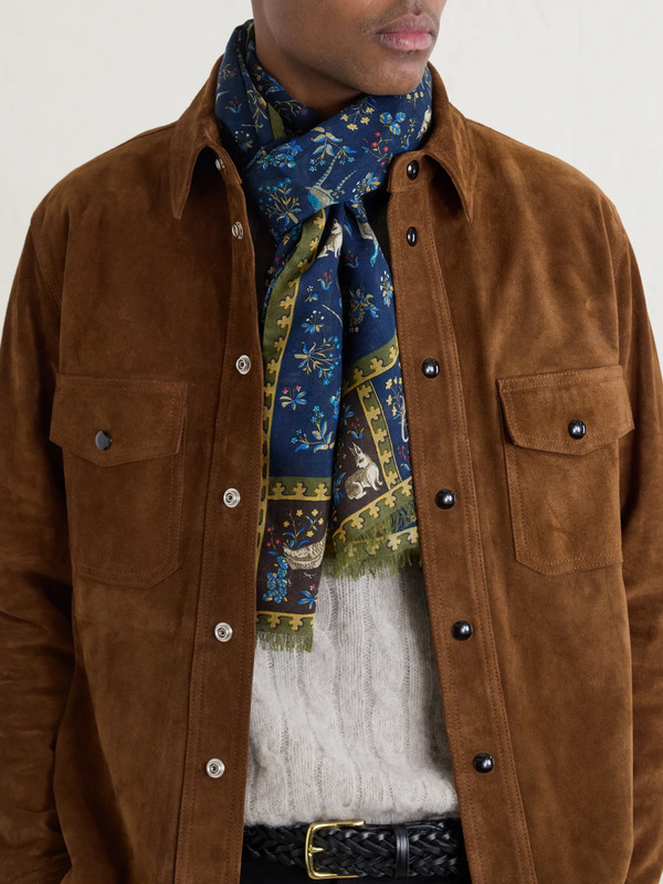 Drake's - Fringed Printed Wool And Silk-blend Scarf - Men - Blue 