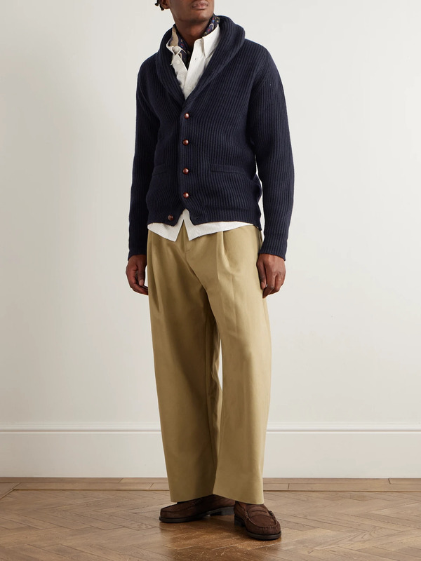  Drake's - Shawl-collar Ribbed Wool Cardigan - Men - Blue - S 