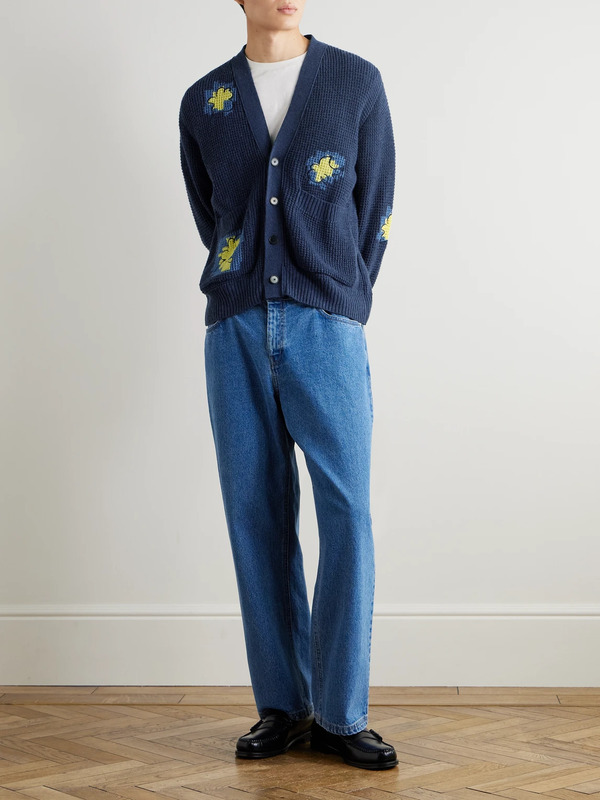  Folk - Embroidered Waffle-knit Cardigan - Men - Blue - M 