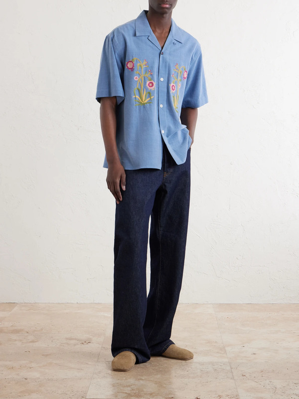  Kardo - Ronen Convertible-collar Embroidered Cotton Shirt - Men - Blue - S 