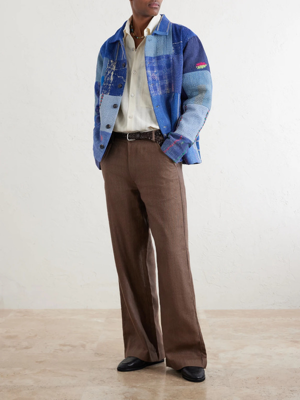  Kartik Research - Kantha Patchwork Embroidered Cotton Jacket - Men - Blue - L 