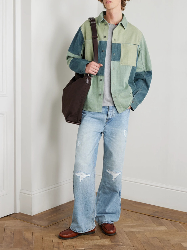  Manaaki - Patchwork Denim Shirt - Men - Green - S 