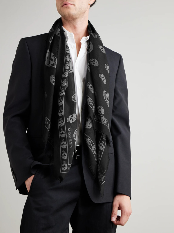  Mcqueen - Fringed Printed Modal And Silk-blend Scarf - Men - Black 