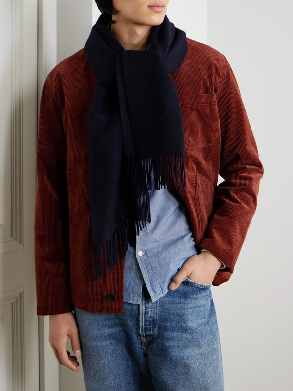  Mr P. - Logo-appliquéd Fringed Cashmere Scarf - Men - Blue 