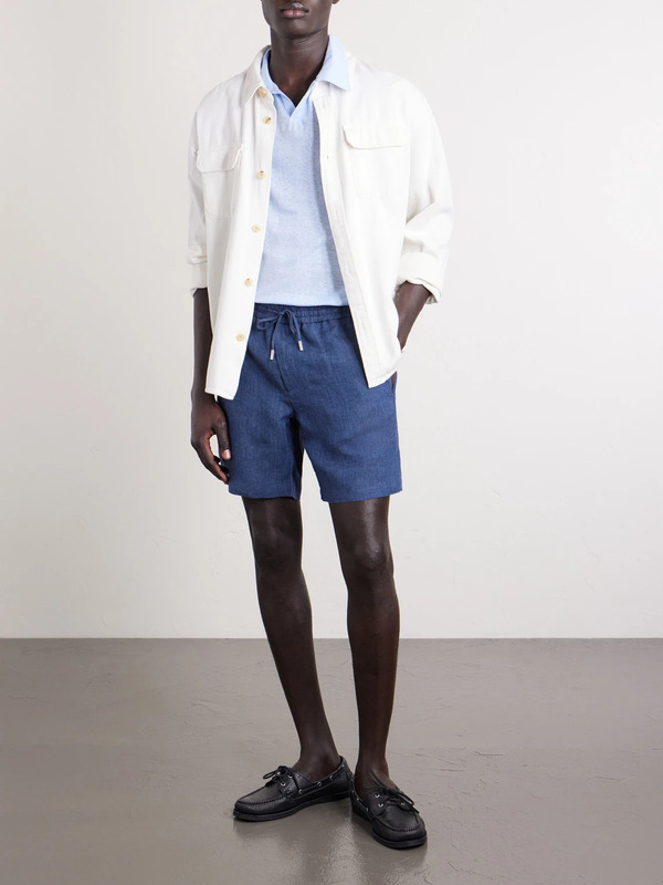  Mr P. - Straight-leg Herringbone Linen Shorts - Men - Blue - 28 