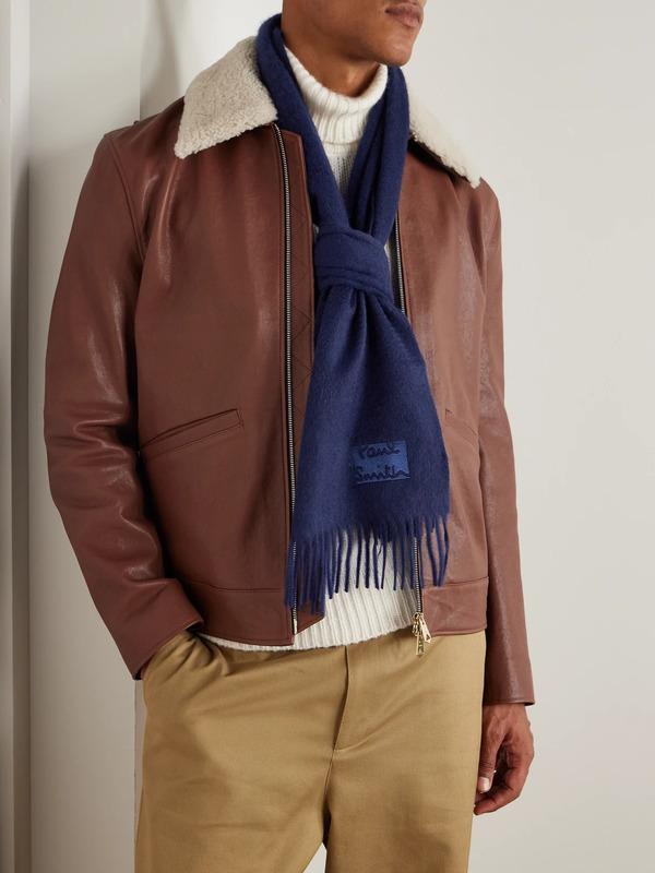  Paul Smith - Logo-embroidered Fringed Cashmere Scarf - Men - Blue 